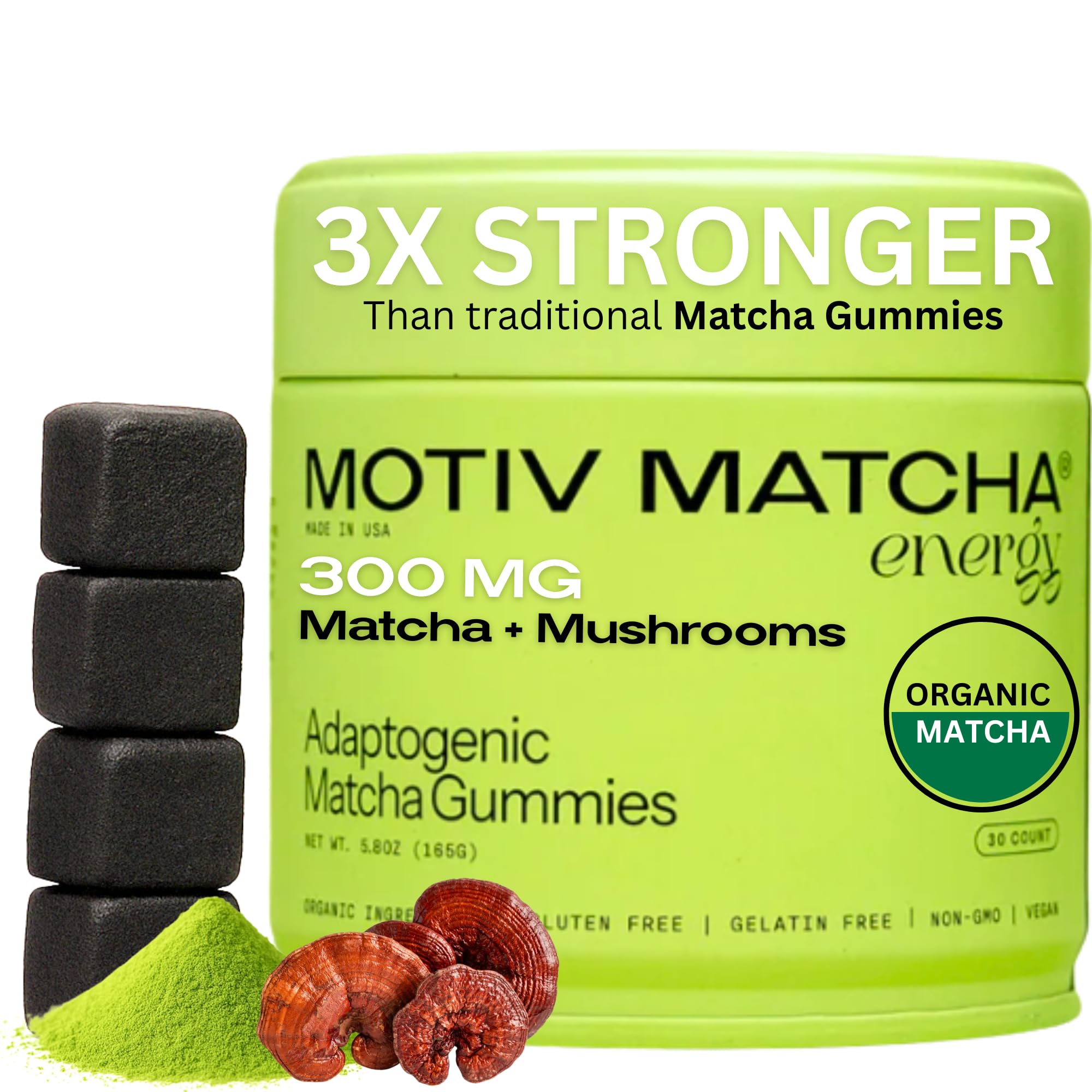 Hero shot of Motiv Organic Matcha & Mushrooms Energy Gummies