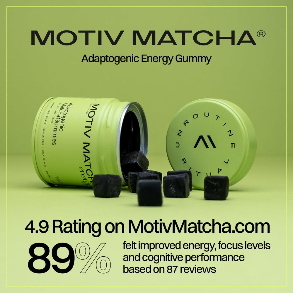 Front packaging of Motiv Organic Matcha & Mushrooms Gummies
