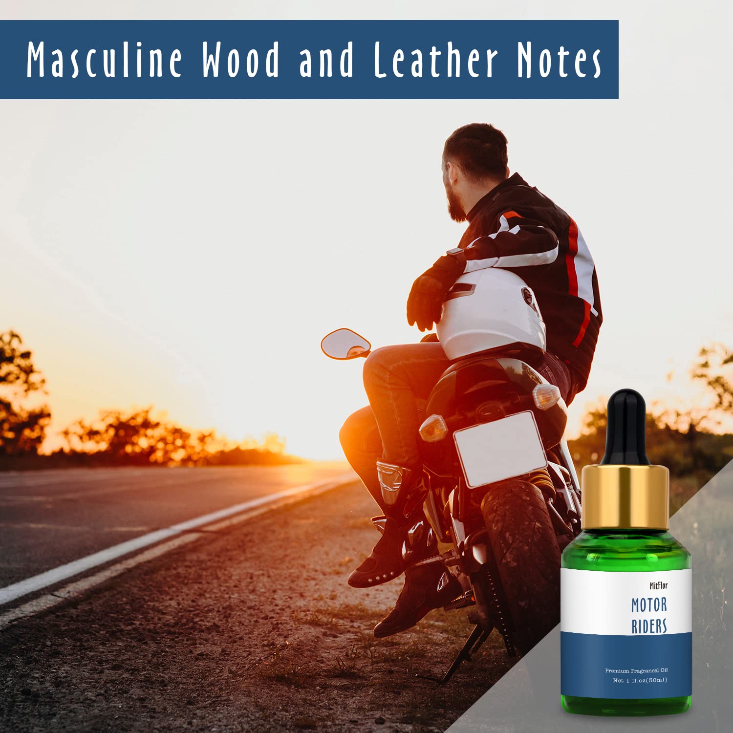 Close-up of leather and wood scent notes for Motor Riders fragrance oil