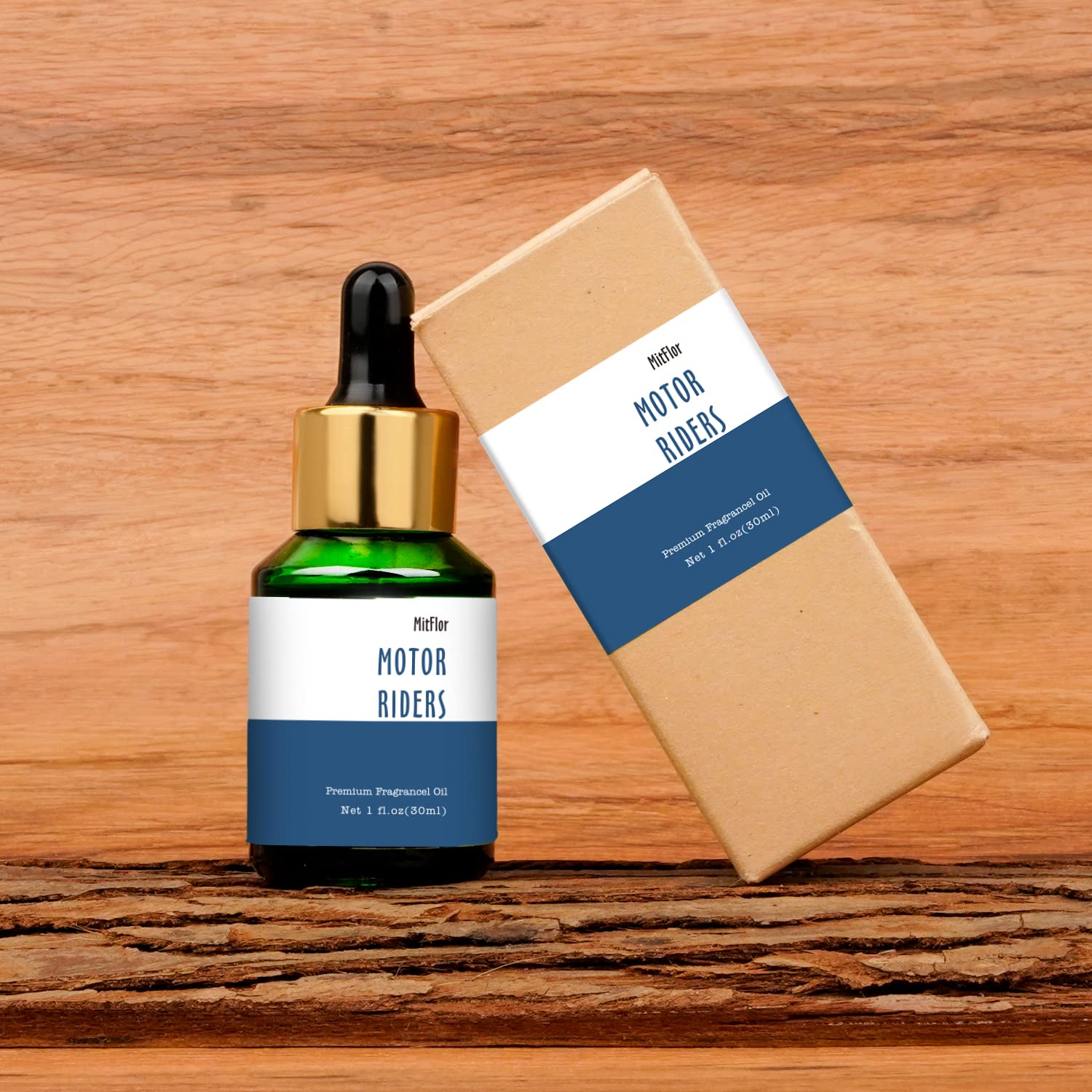Masculine home fragrance setup featuring Motor Riders oil