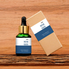 Masculine home fragrance setup featuring Motor Riders oil
