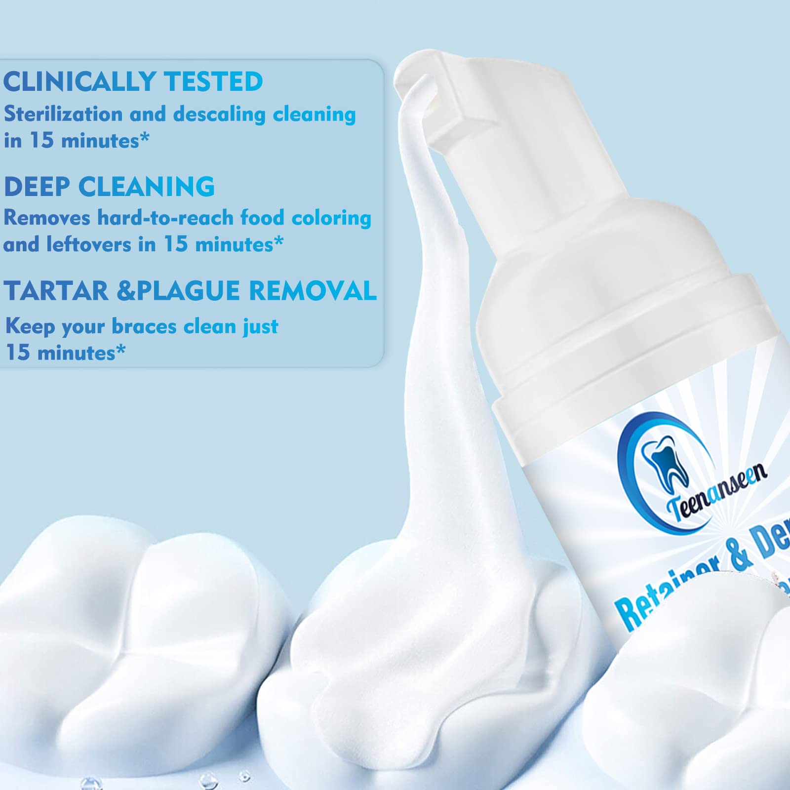 Mouth guards and dentures cleaned with cleaner foam