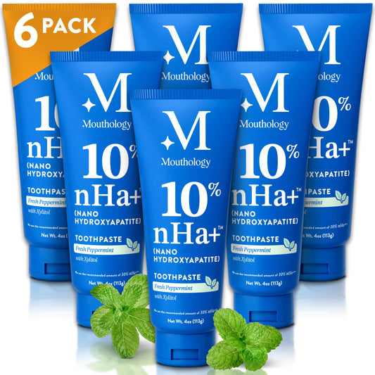 Front view of Mouthology 6-pack Nano Hydroxyapatite toothpaste
