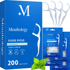 Mouthology 200-pack biodegradable floss picks in mint flavor