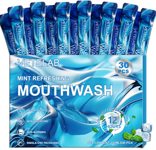 Travel-size mouthwash packets in a 30-pack box