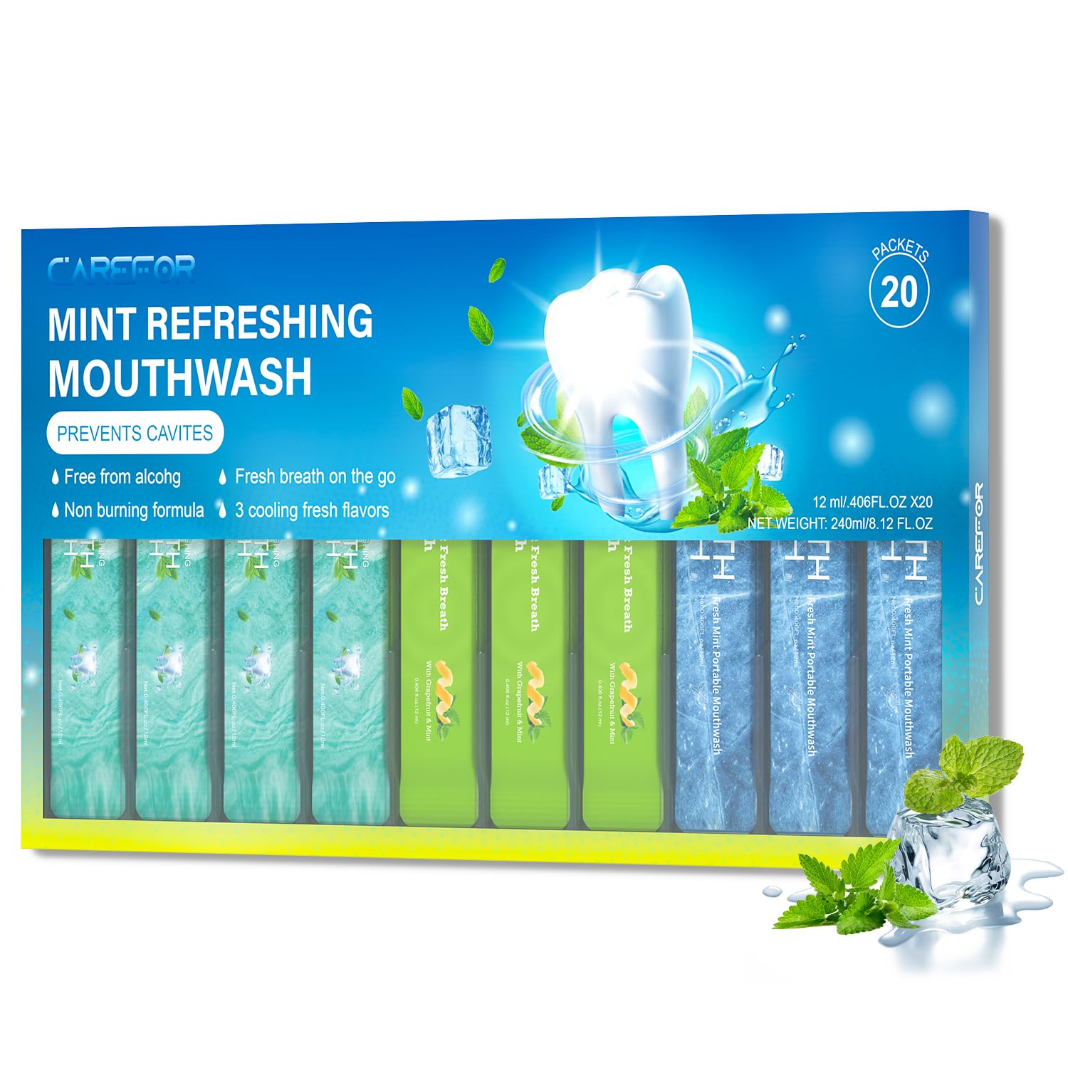 Mouthwash travel-size packet in Fresh Mint flavor
