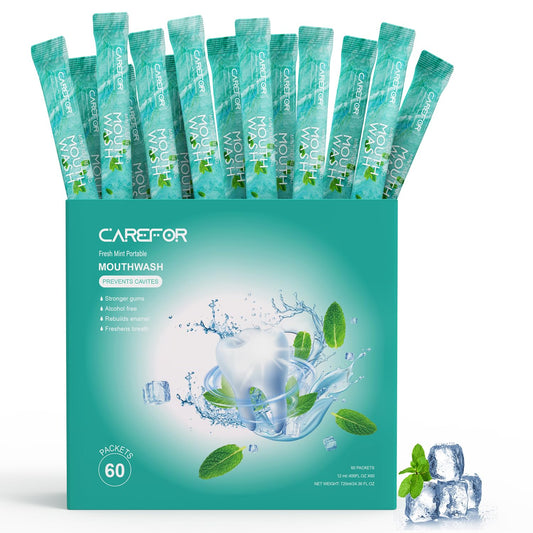 Travel-size CAREFOR mouthwash packets laid out for display