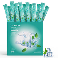 Travel-size CAREFOR mouthwash packets laid out for display
