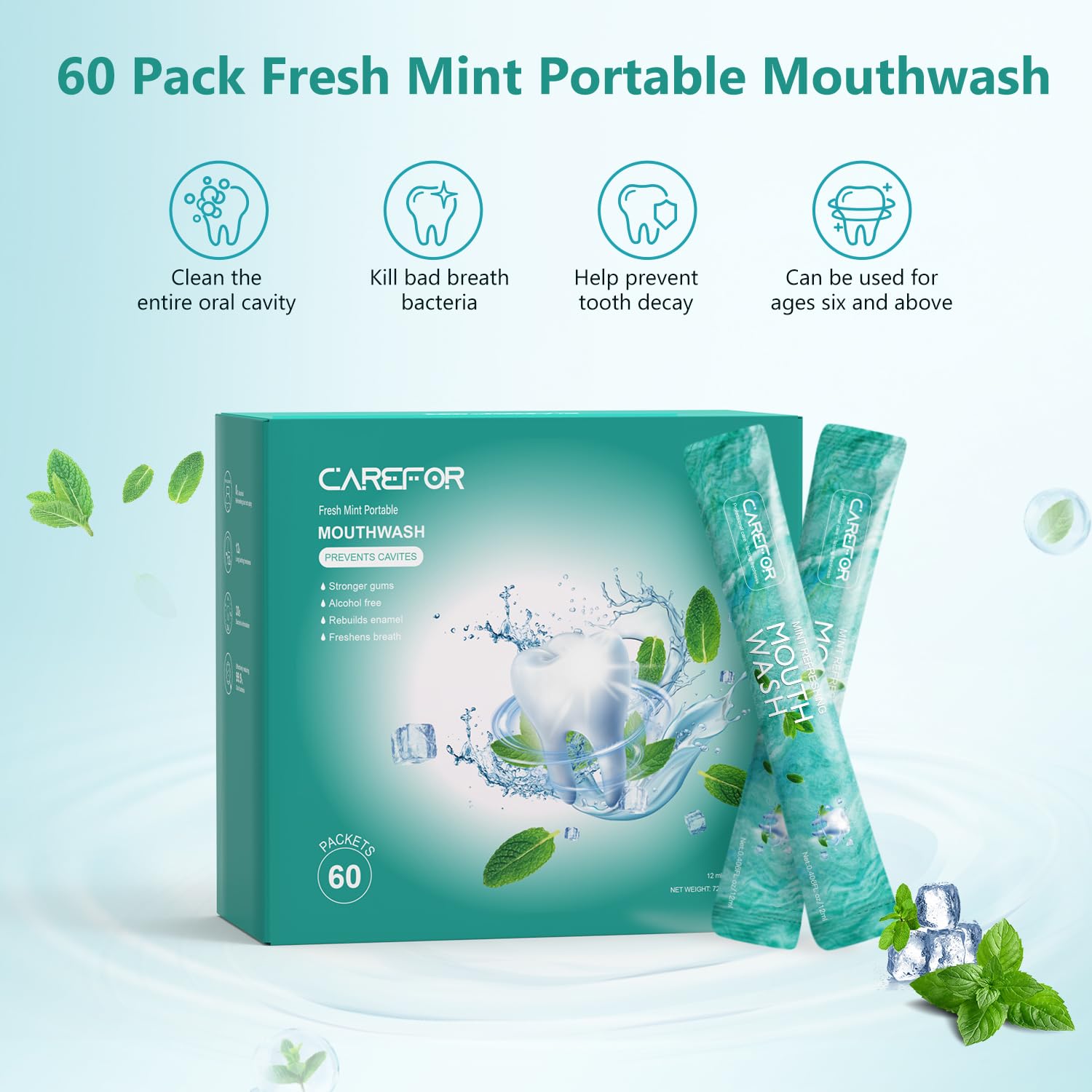 Close-up of single-use mint mouthwash sachet for travel