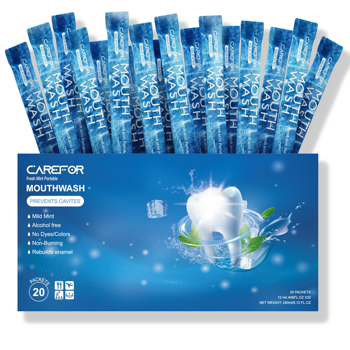 Compact travel-size mouthwash bar packet in icy mint