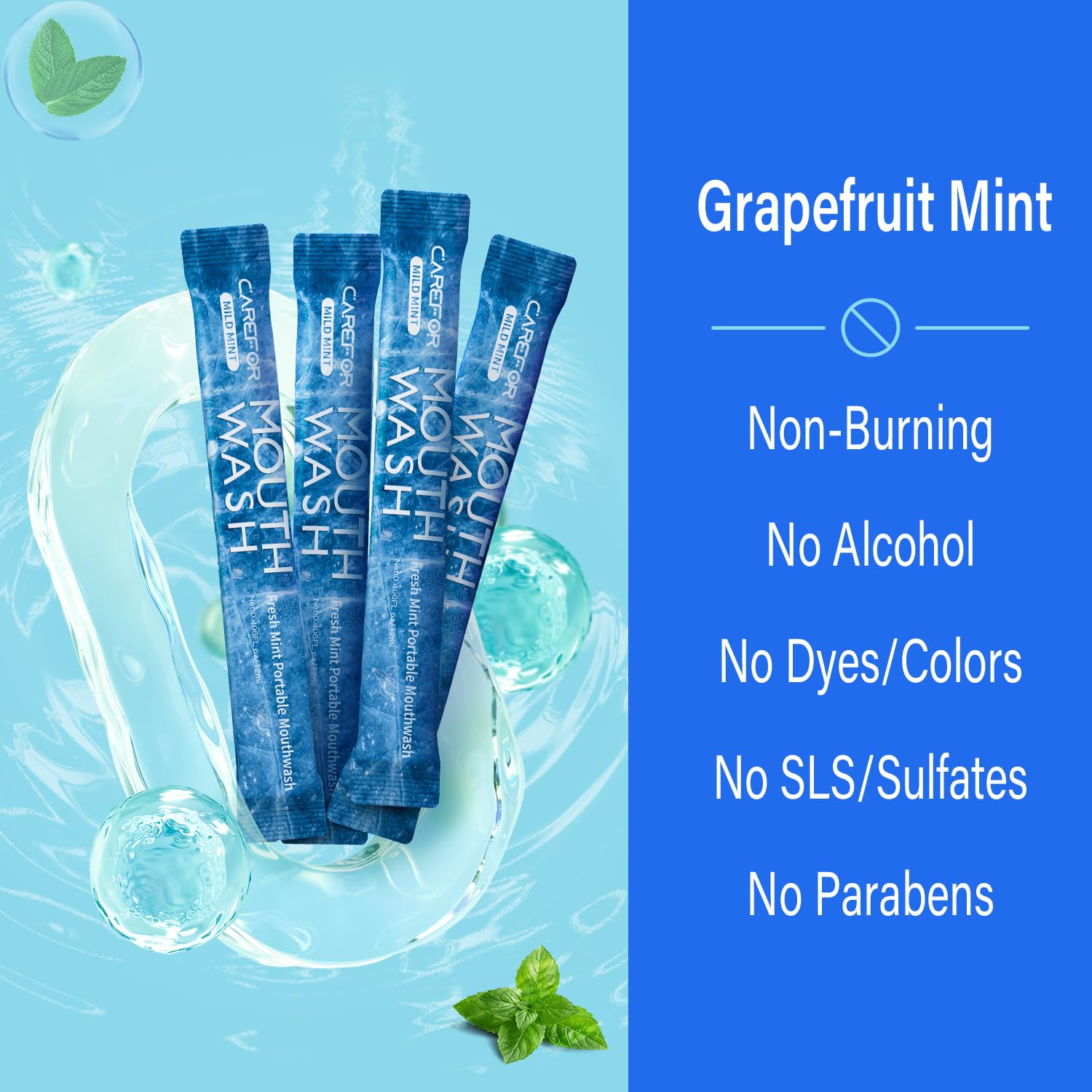 Alcohol-free mouthwash packet showcasing compact 0.41 fl oz size
