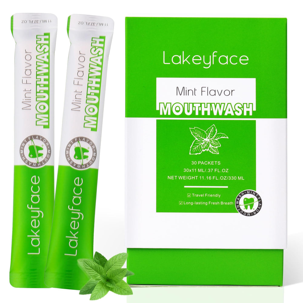 Front view of mouthwash travel pack with 30 individual packets