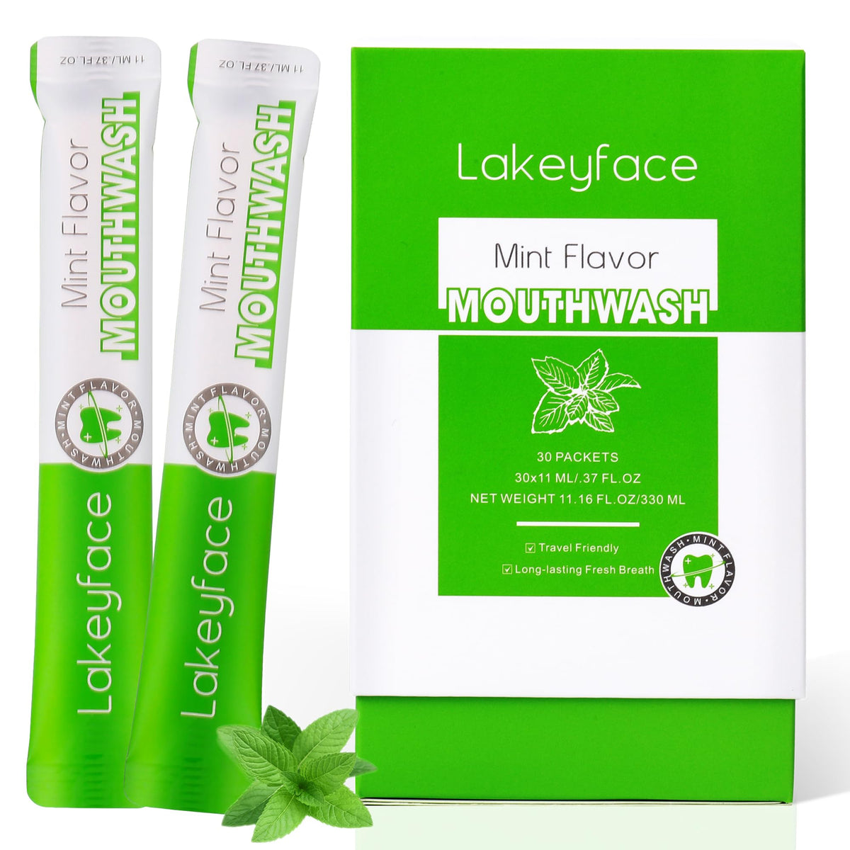 Front view of mouthwash travel pack with 30 individual packets