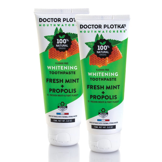 Front view of Mouthwatchers fluoride-free toothpaste tubes