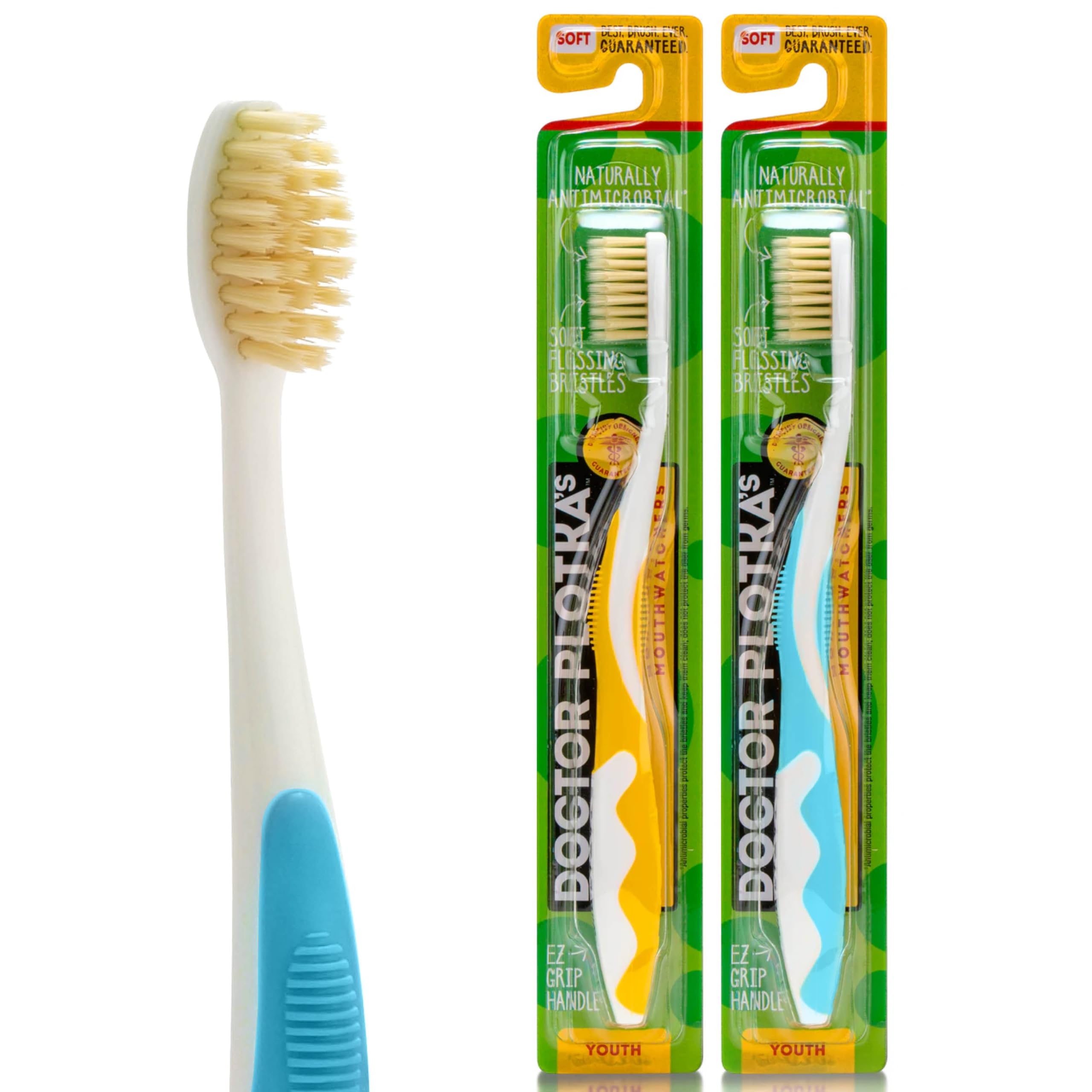 MOUTHWATCHERS Soft Children's Flossing Manual Toothbrush Set of 2 in Yellow and Blue - front view