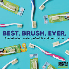 Two yellow and blue MOUTHWATCHERS toothbrushes held together for scale