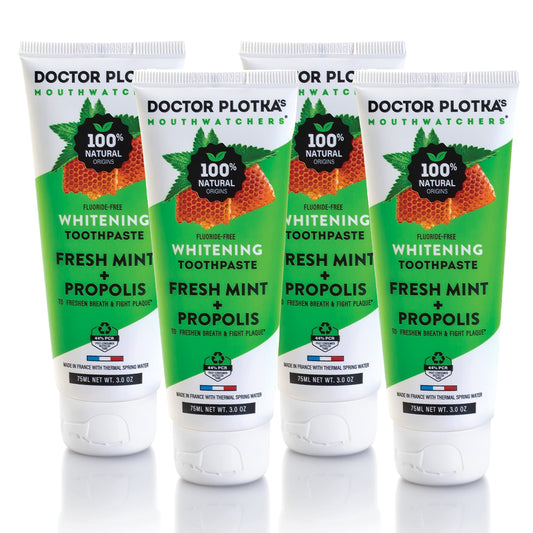 Mouthwatchers toothpaste packaging with four 3 oz tubes