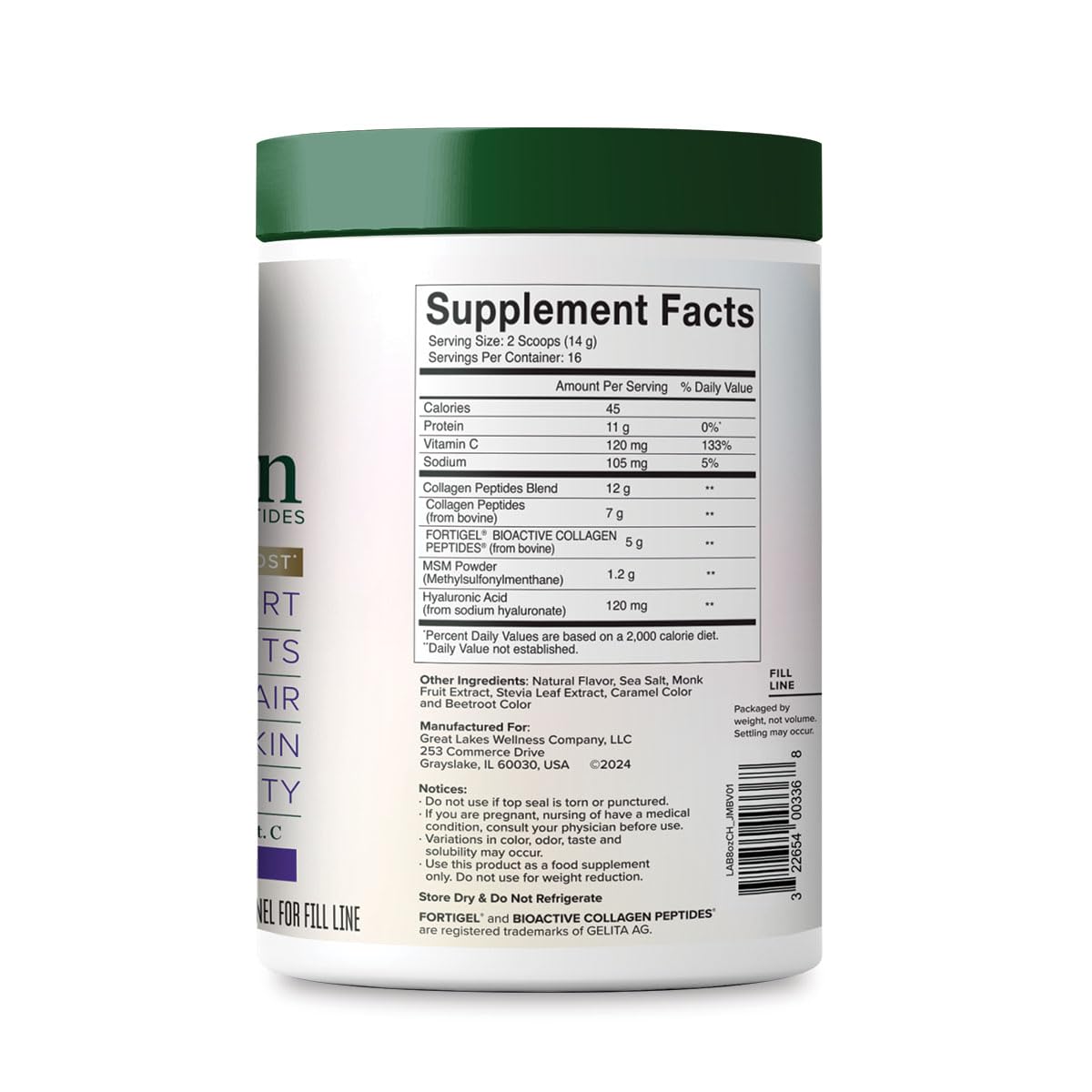 Close-up of MSM, Hyaluronic Acid and Vitamin C ingredients in the formula