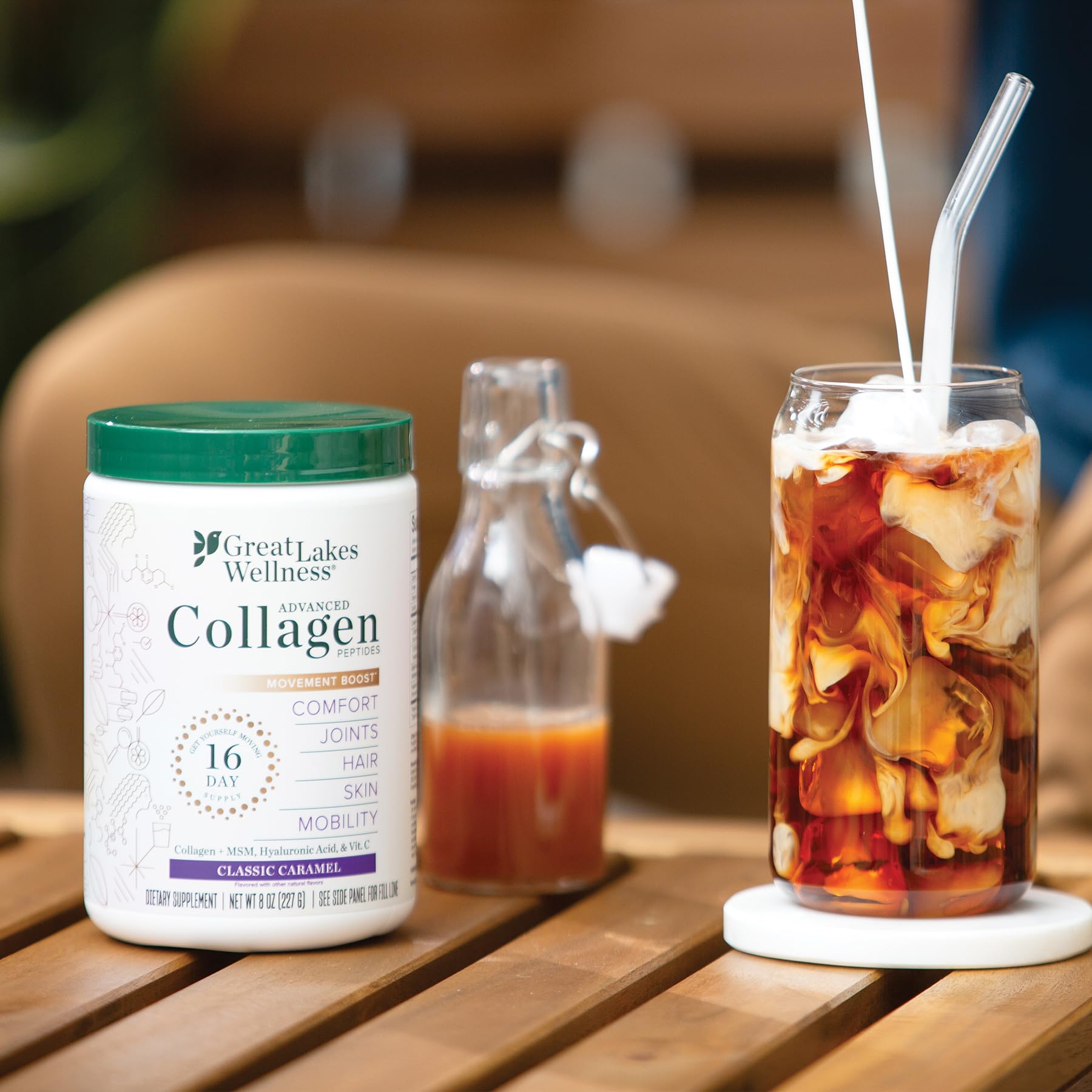 Close-up of caramel flavor on Movement Boost Collagen Peptides packaging