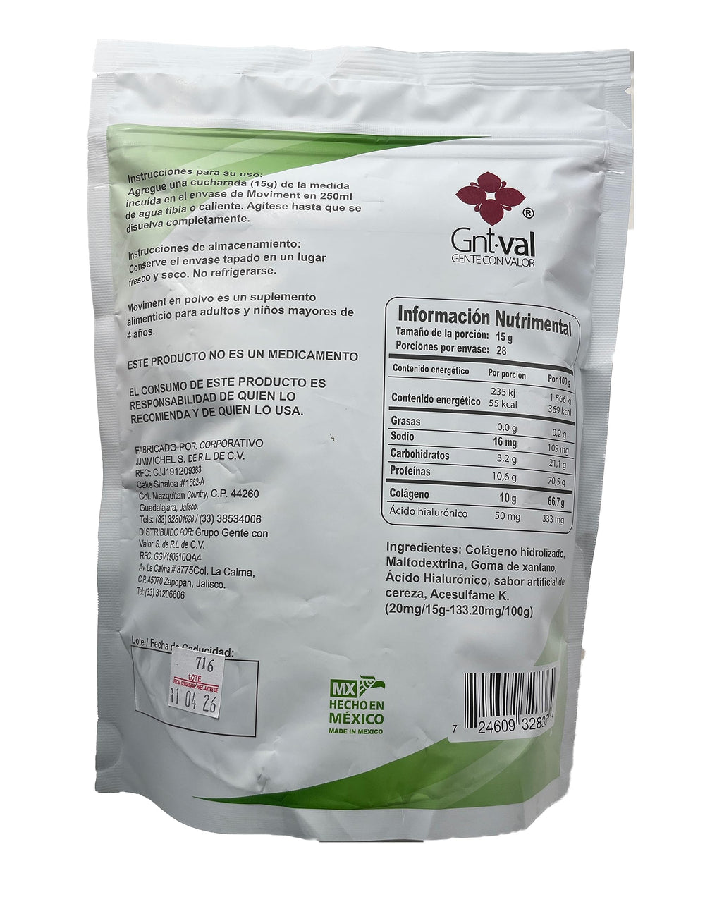 Close-up of Moviment label highlighting sugar-free formula