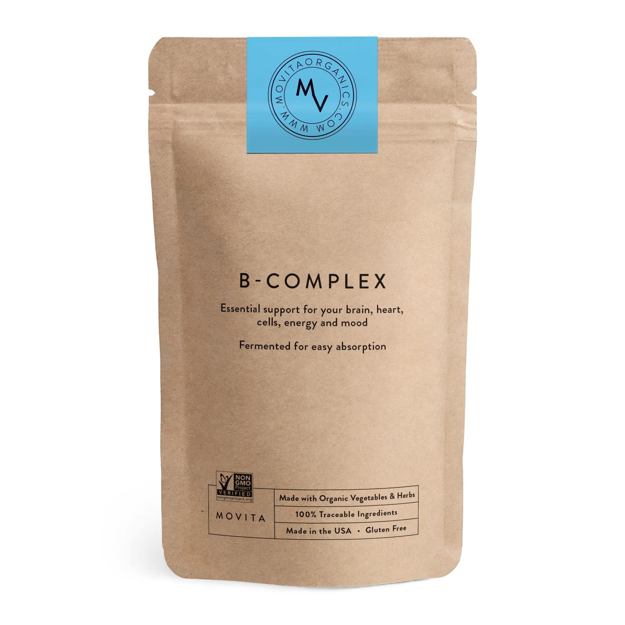 Movita Fermented Vitamin B-Complex bottle with eco-friendly refill pouch