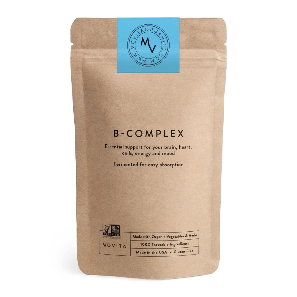 Movita Fermented Vitamin B-Complex bottle with eco-friendly refill pouch
