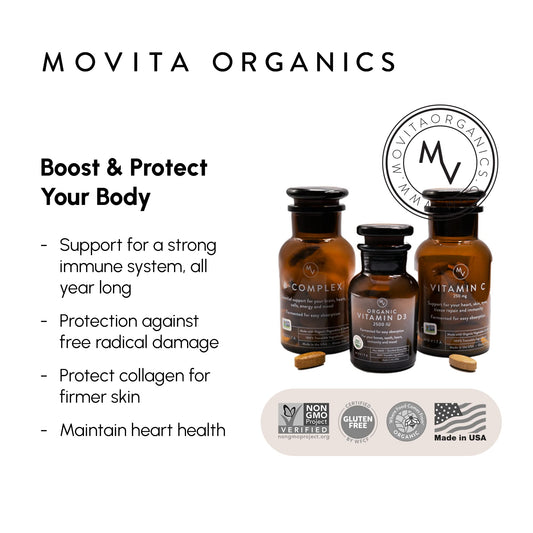 Close-up of Movita B-Complex label highlighting organic vegan gluten-free