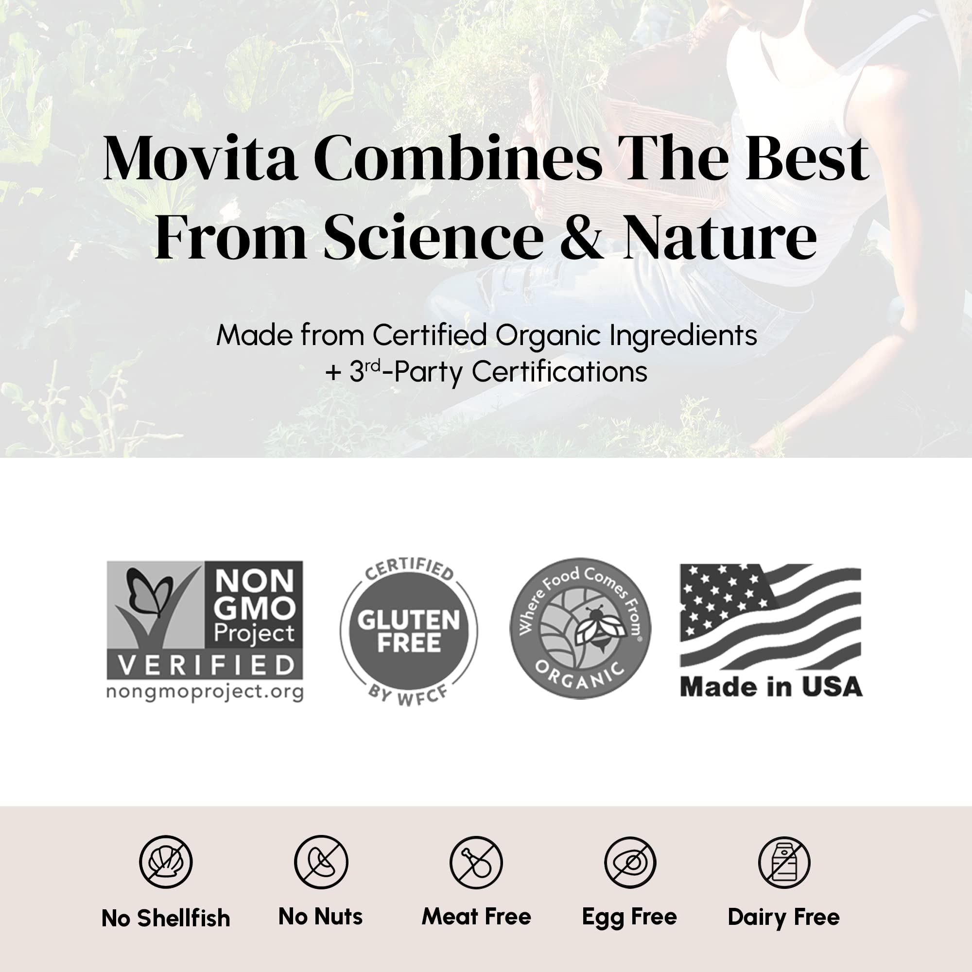 Lifestyle shot showing organic vegan supplement packaging in a kitchen