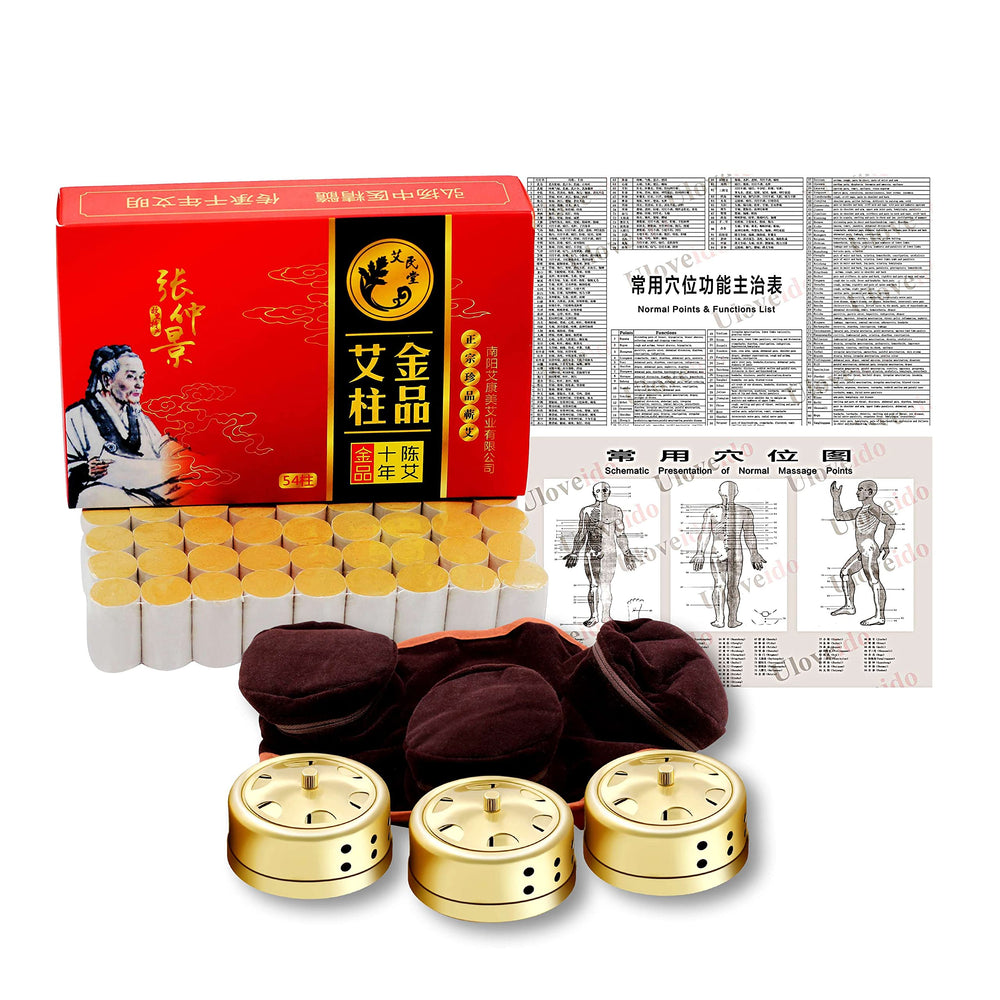 54-piece moxa box kit contents including moxa sticks, copper burner boxes, portable bag, and acupoint map
