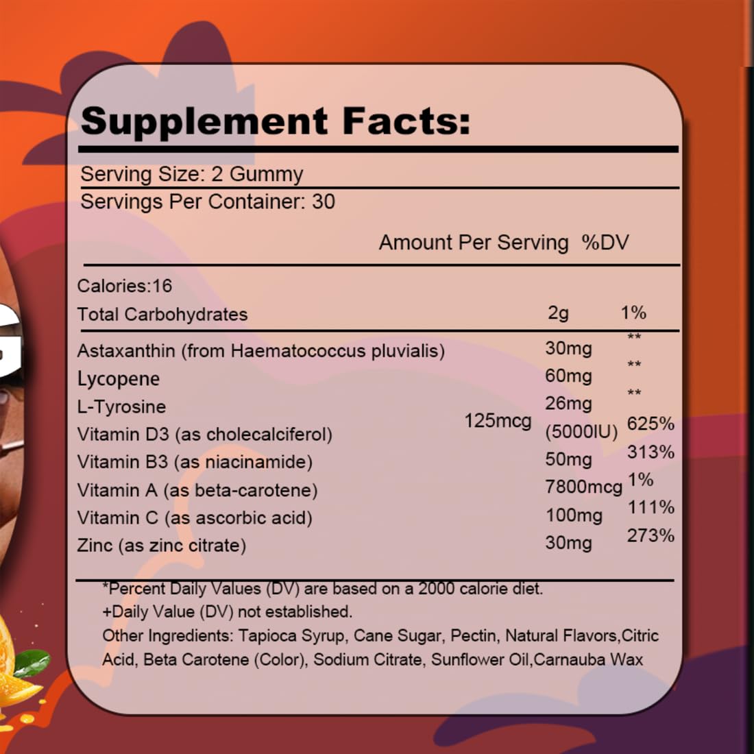 Close-up of key ingredients Astaxanthin Lycopene Beta Carotene