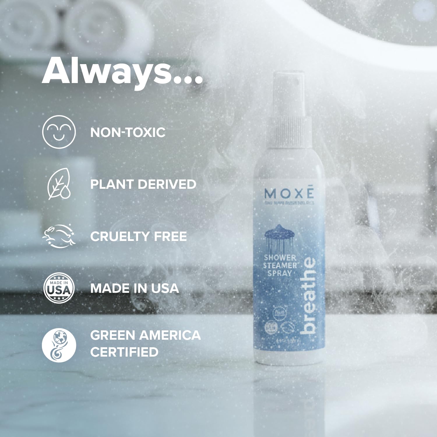 4 oz MOXE Breathe Shower Mist on a bathroom counter