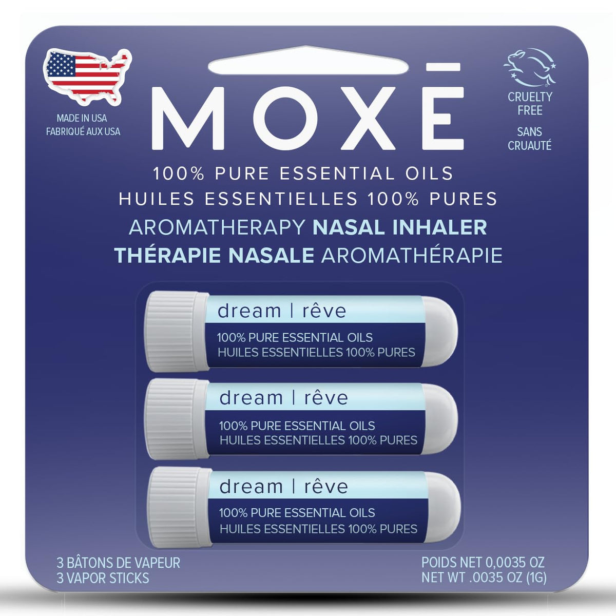 MOXĒ Dream nasal inhaler lavender cap promotes calm focus for bedtime.