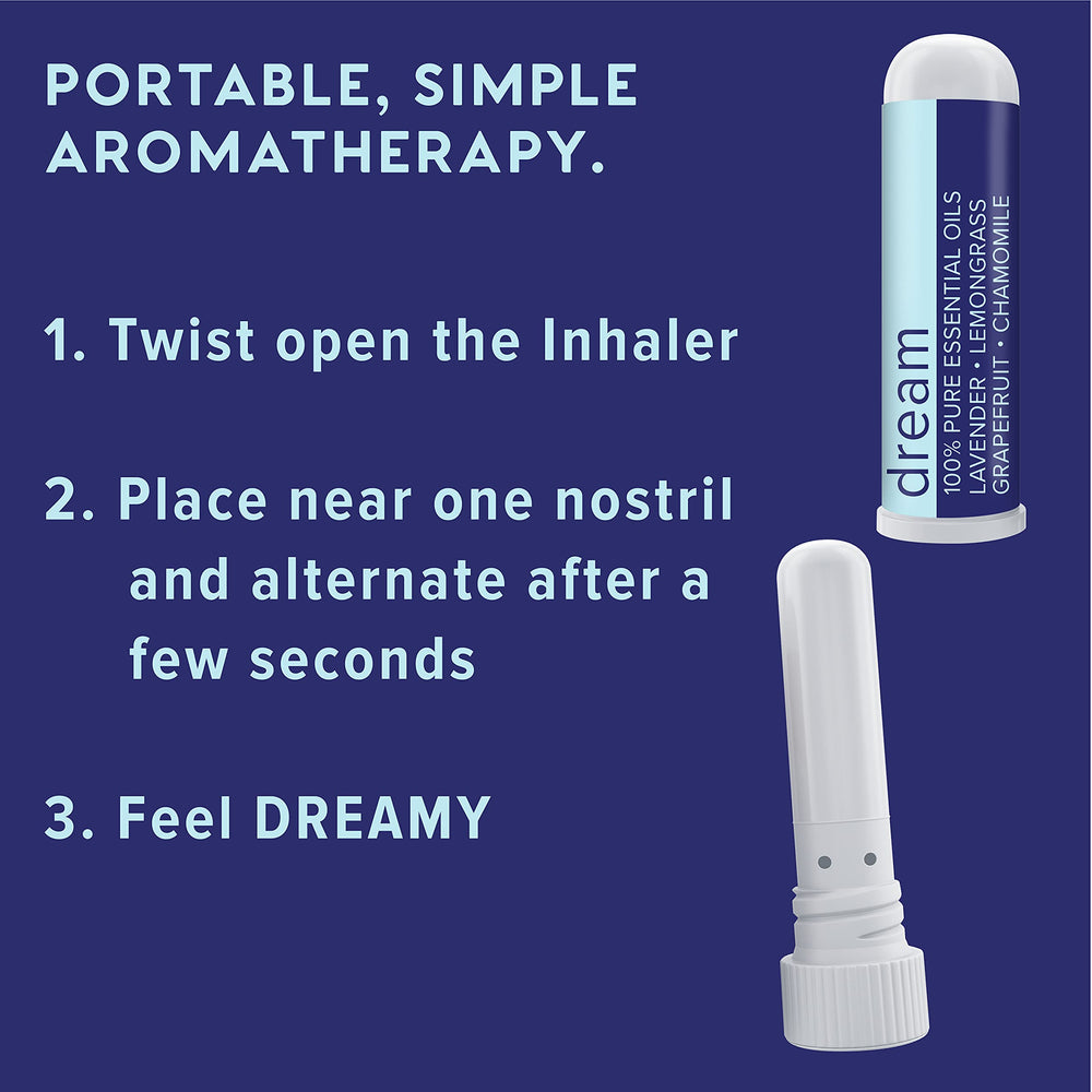 MOXĒ Dream nasal inhaler usage step demonstrates quick, gentle inhalation.