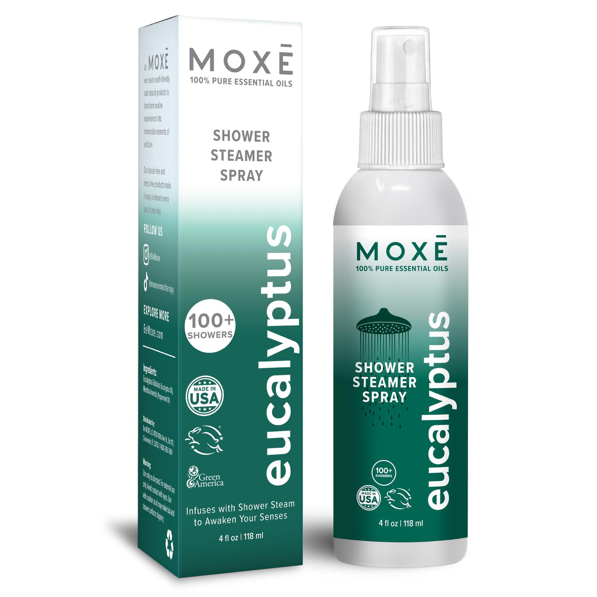 MOXĒ Eucalyptus Shower Mist bottle – front view