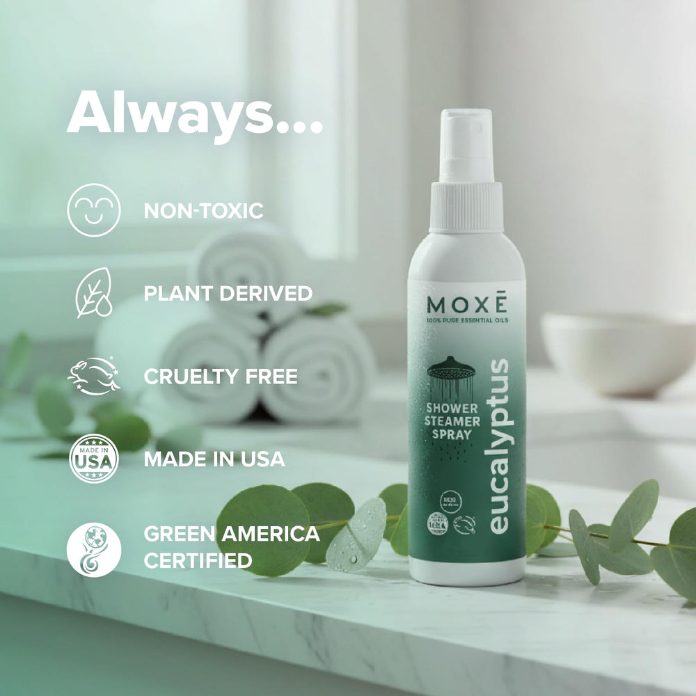 MOXĒ Eucalyptus Shower Mist used as room spray on linens