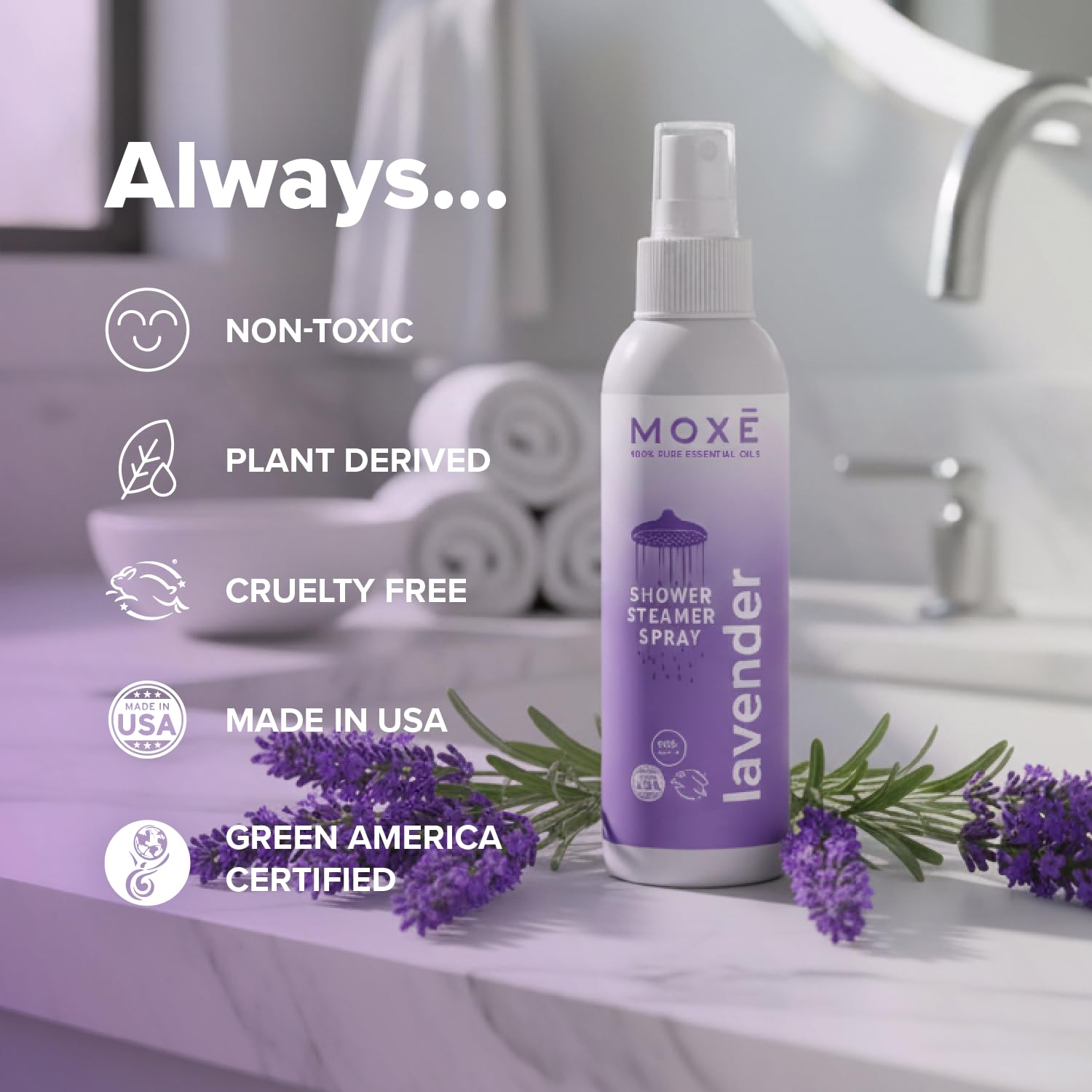 Two MOXE Lavender Shower Mist bottles side by side