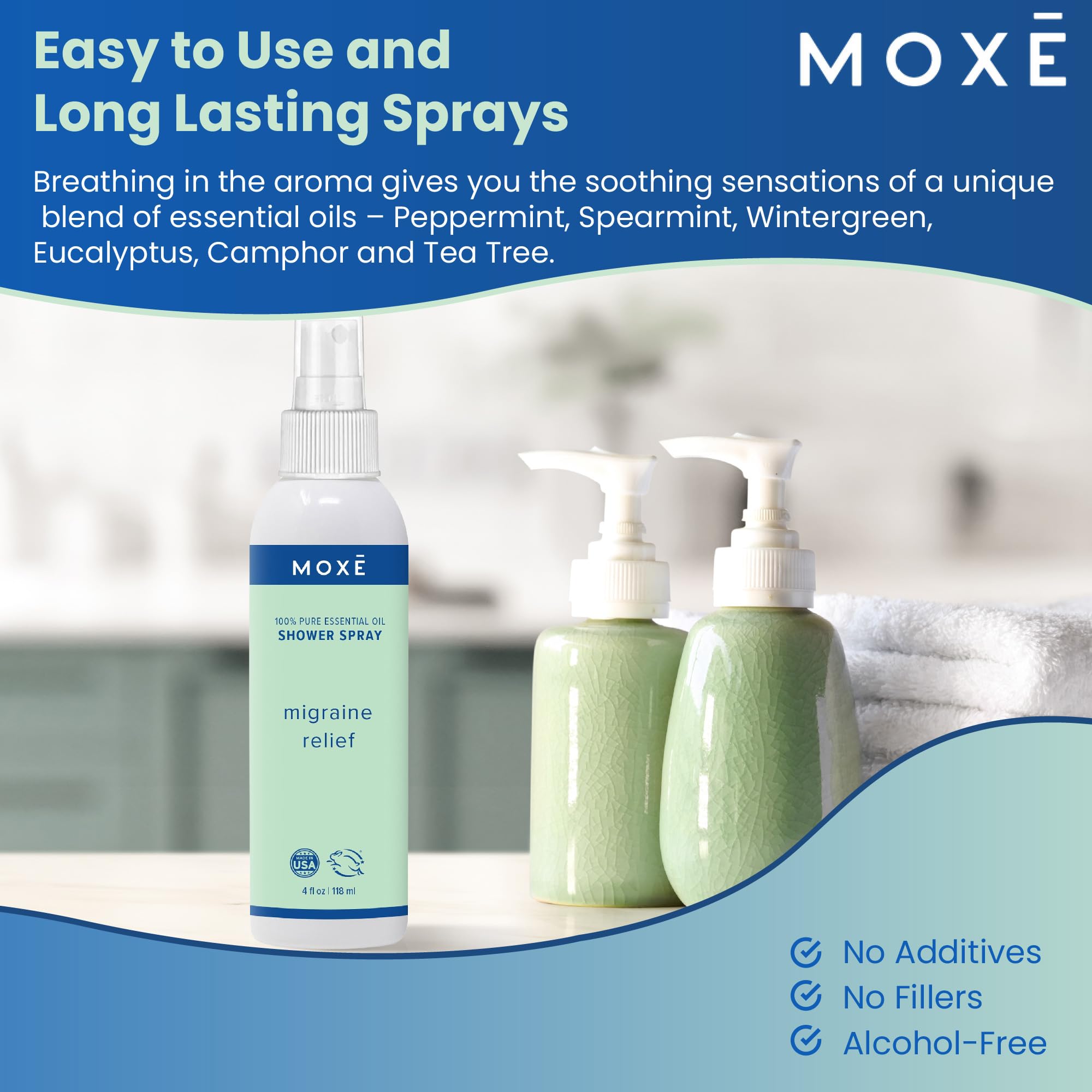 USA-made MOXE migraine relief spray on bathroom counter