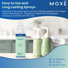 USA-made MOXE migraine relief spray on bathroom counter