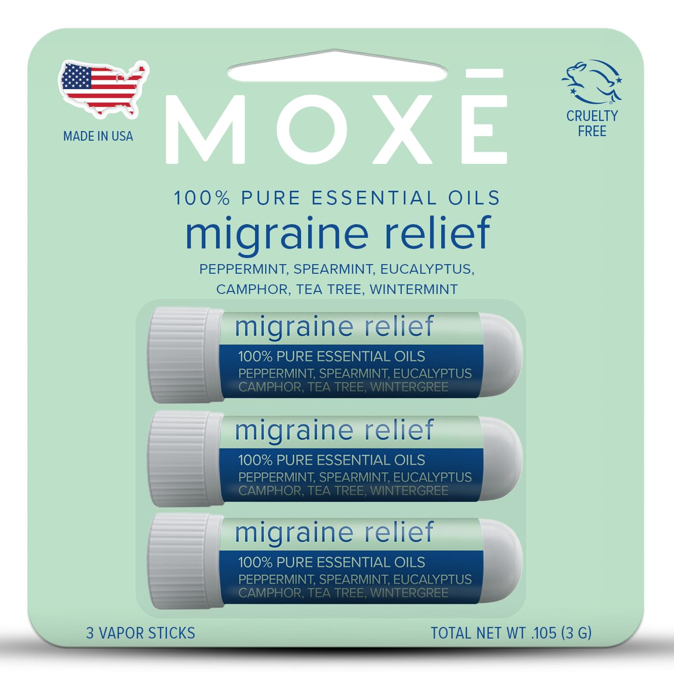 MOXE Migraine Relief Inhalers pack-front, portable migraine relief on the go.