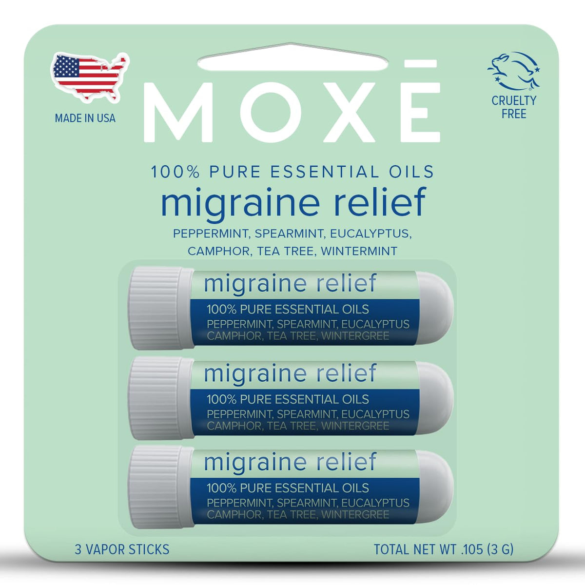 MOXE Migraine Relief Inhalers pack-front, portable migraine relief on the go.