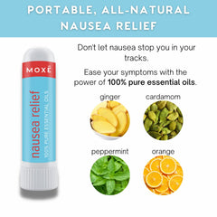 MOXE Nausea Inhaler Stick close-up shows ginger-cardamom aroma for calming sensation.