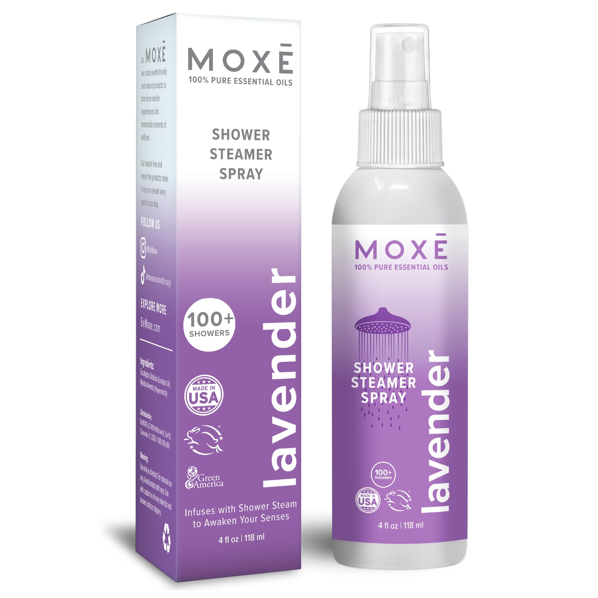 MOXE Shower Mist lavender essential oil bottle
