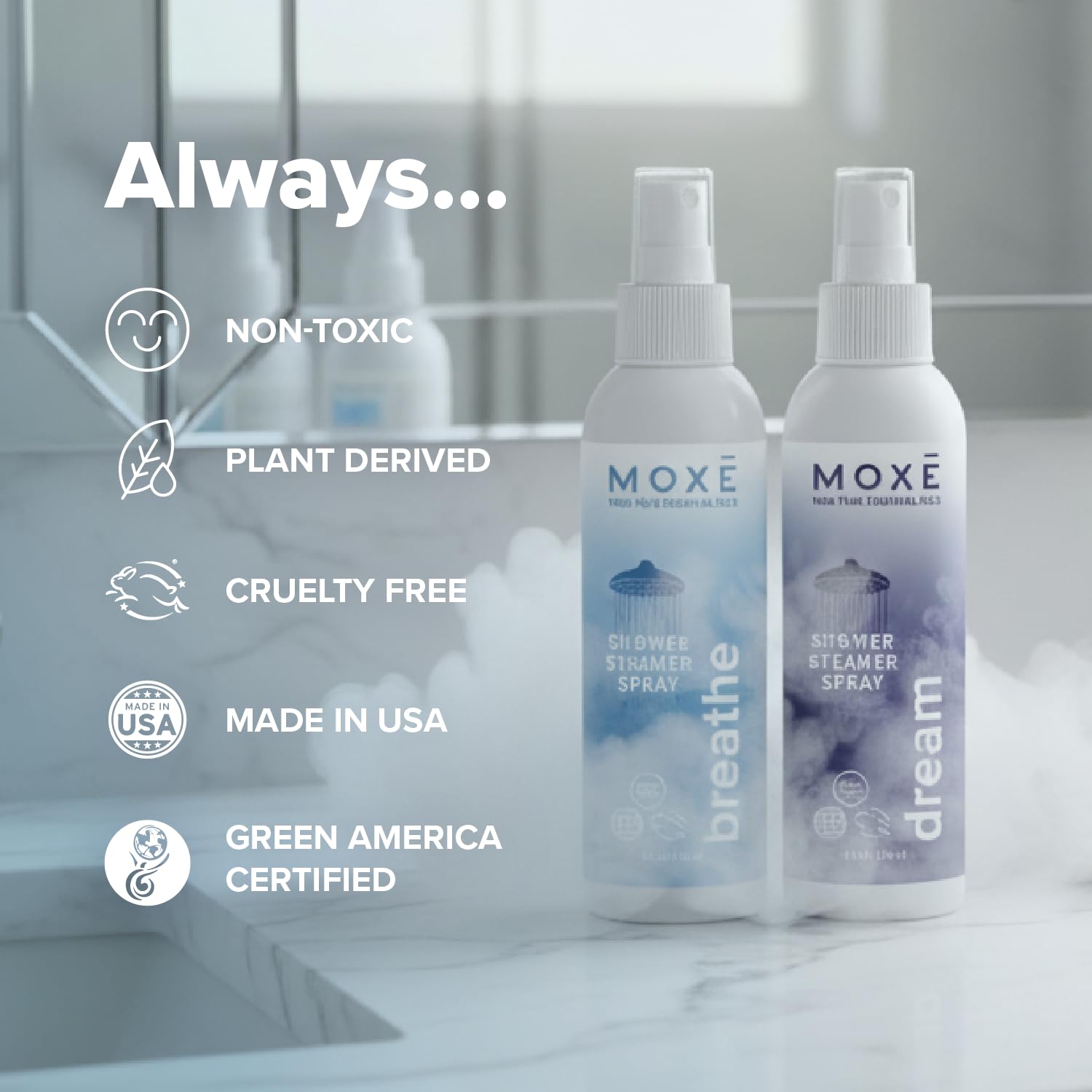 Bathroom setup with MOXE spray bottle ready to use in shower