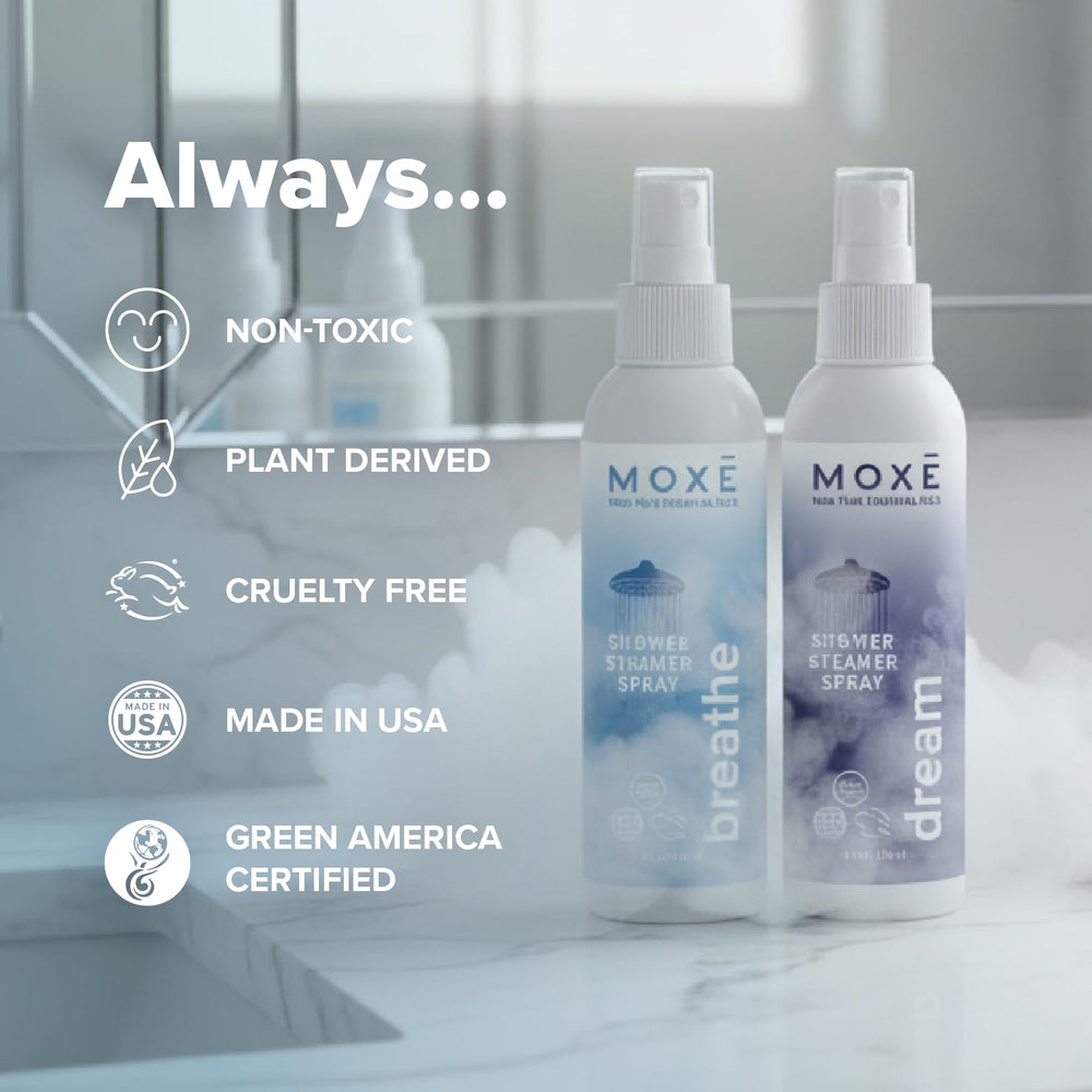 Bathroom setup with MOXE spray bottle ready to use in shower