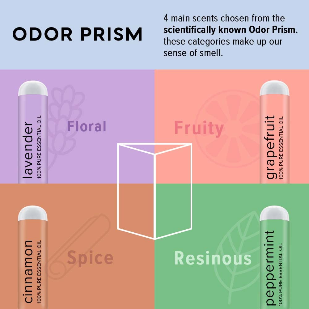 Close-up of essential oil bottles and labels