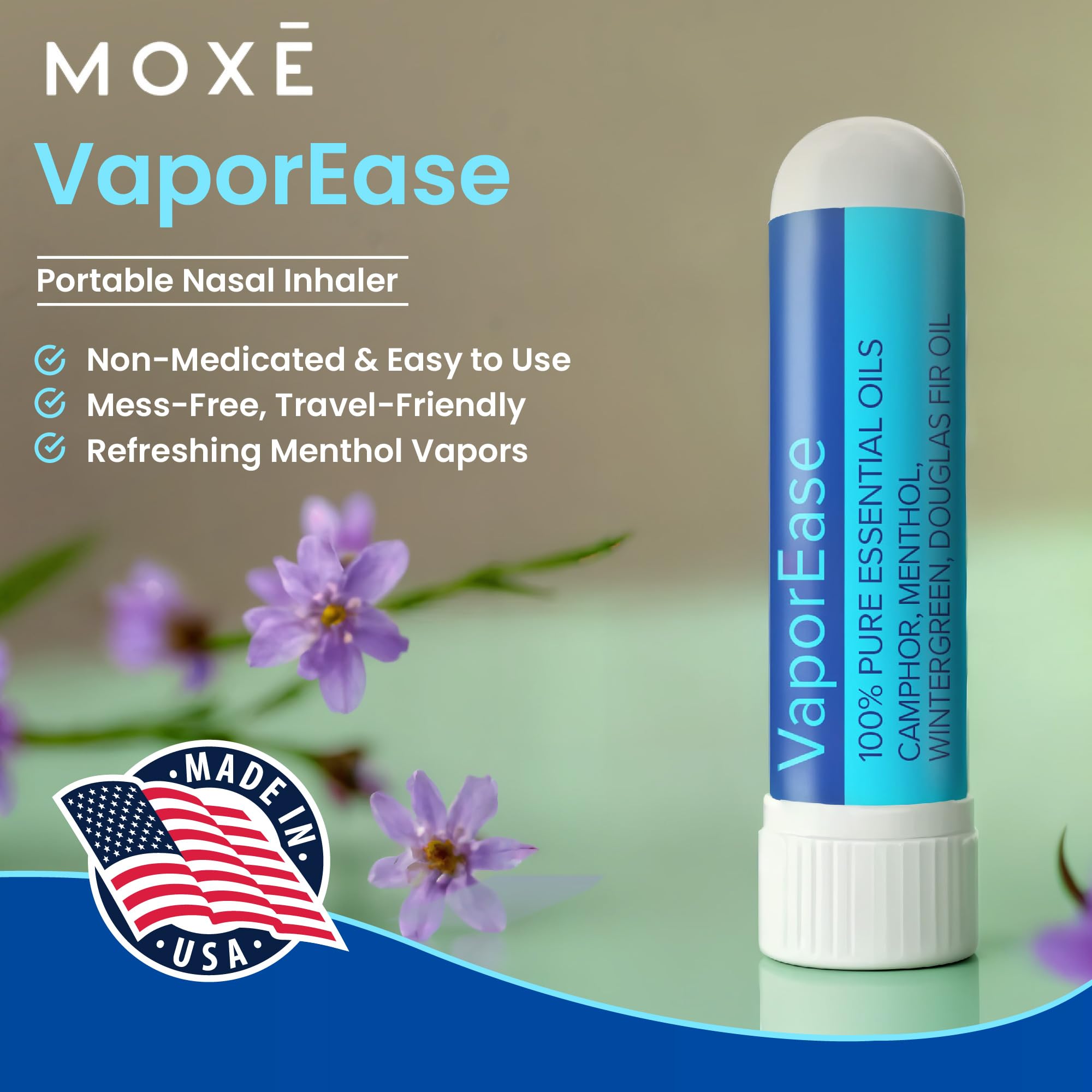 MOXE VaporEase in-use shown during travel for easy breathing and menthol relief.