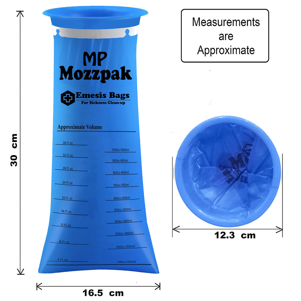 MP Mozzpak emesis bags open wide rim to prevent spills