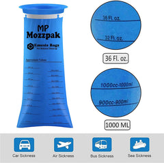 MP Mozzpak blue emesis bags with odor-control ring for discreet disposal