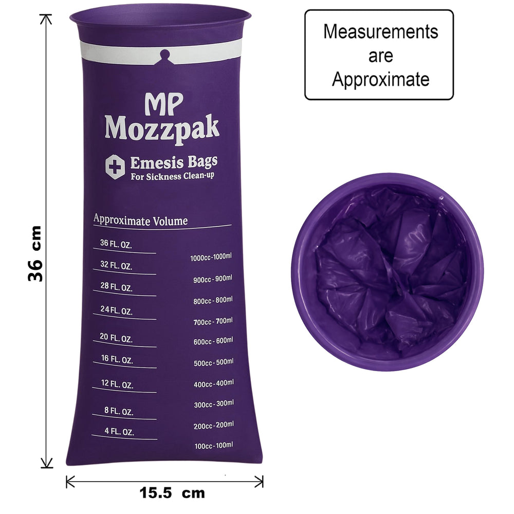 MP Mozzpak purple emesis bag close-up, thick durable material.