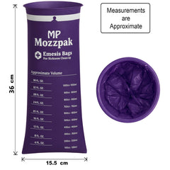 MP Mozzpak purple emesis bag close-up, thick durable material.